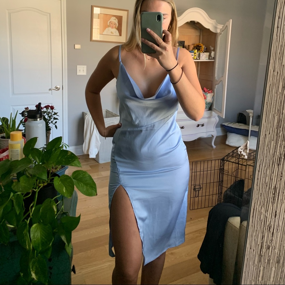 Light blue satin cowl neck dress with slit